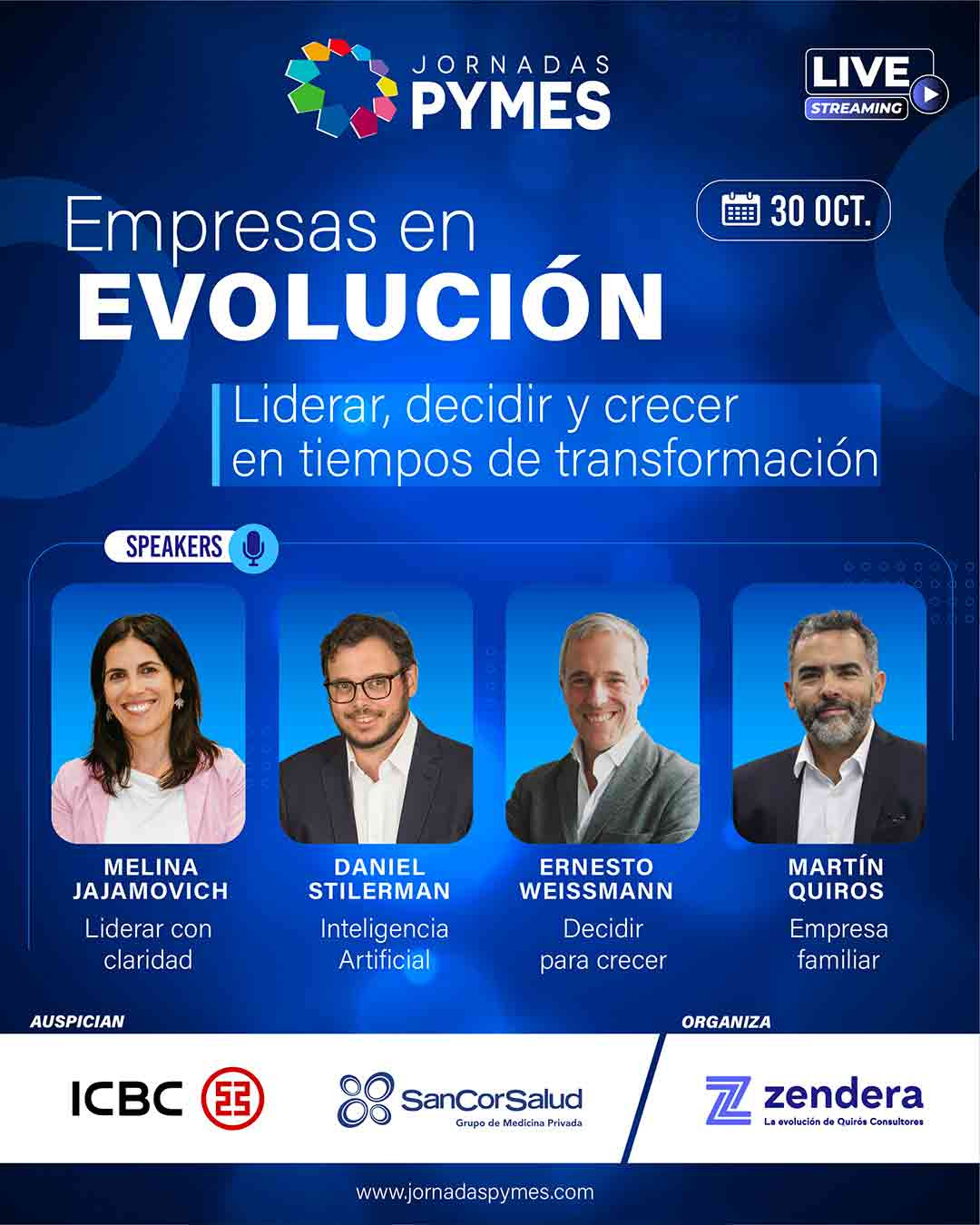 El próximo 30 de octubre se llevará a cabo la XXII edición de las Jornadas Pymes, organizadas Zendera, y auspiciadas por ICBC Argentina y SanCor Salud, evento que será transmitido en vivo vía streaming.